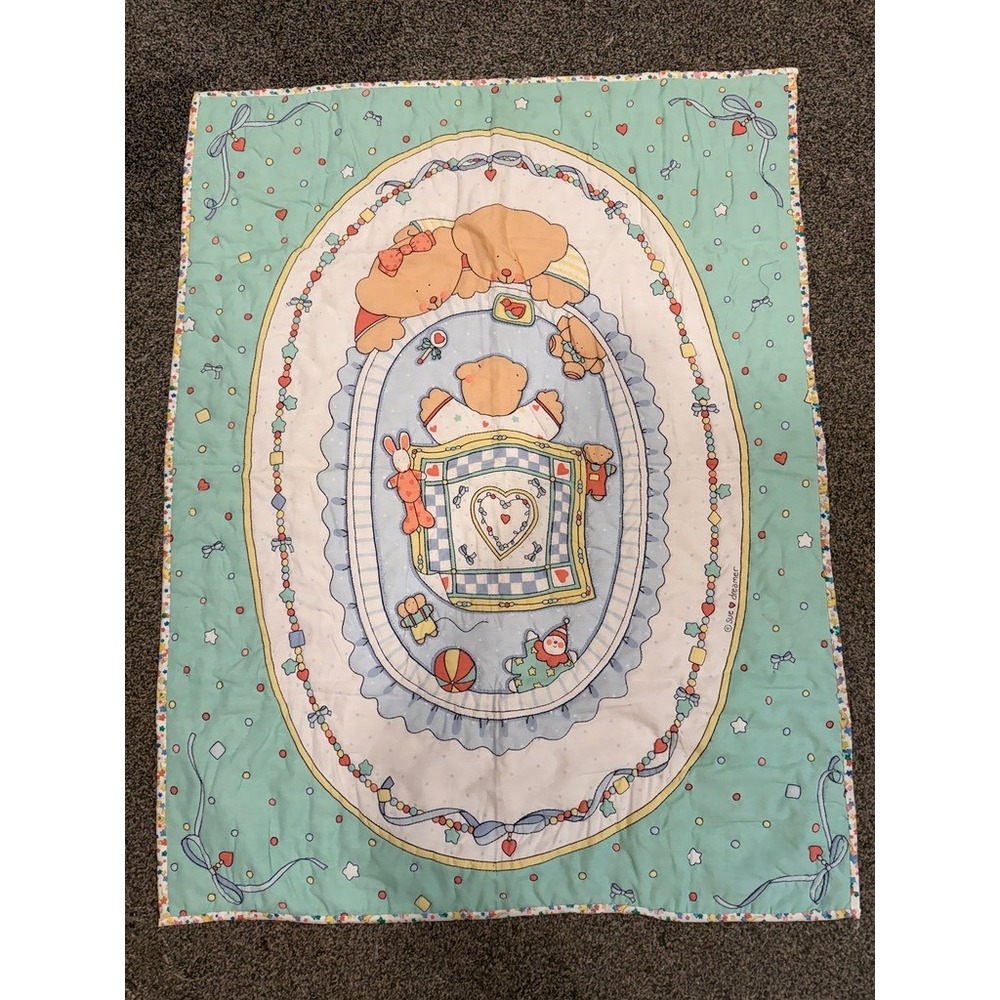 Vintage Sue Dreamer Teddy Bear Baby Quilt Blanket Mint Green Pastel 33x43
